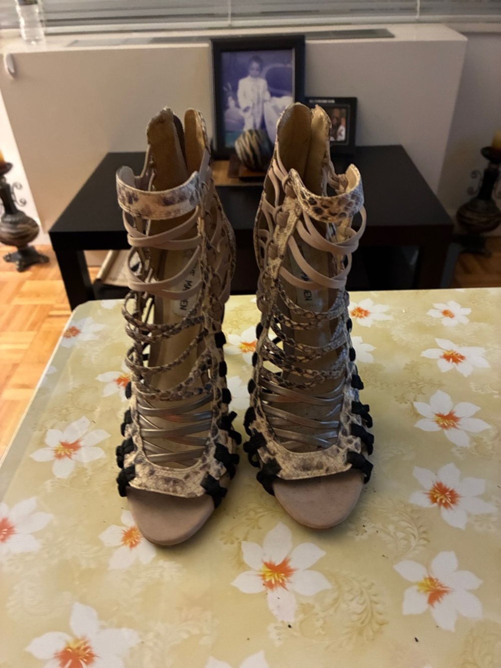 Steve Madden Beige Snake-Print Lace-Up Cage High Heels